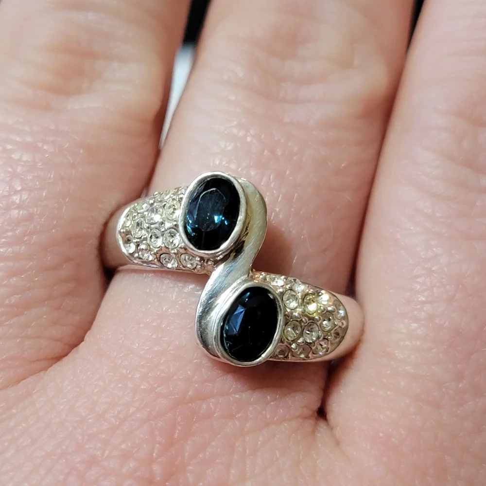 Vintage Silver Tone Faux Diamond and Sapphire Bypass RingSize 12.5